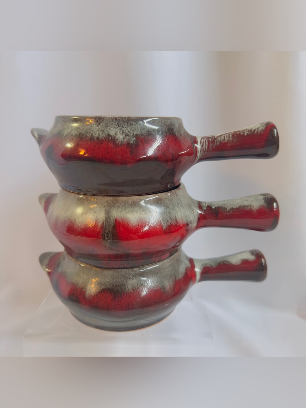 Rainbow Pottery Canada Red and Gray Drip Glaze Ceramic Handled Bowls - Set of 3